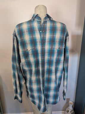 Panhandle Cowboy Shirt men's plaid Teal & Gray Cotton Snap Western shirt Sz M T